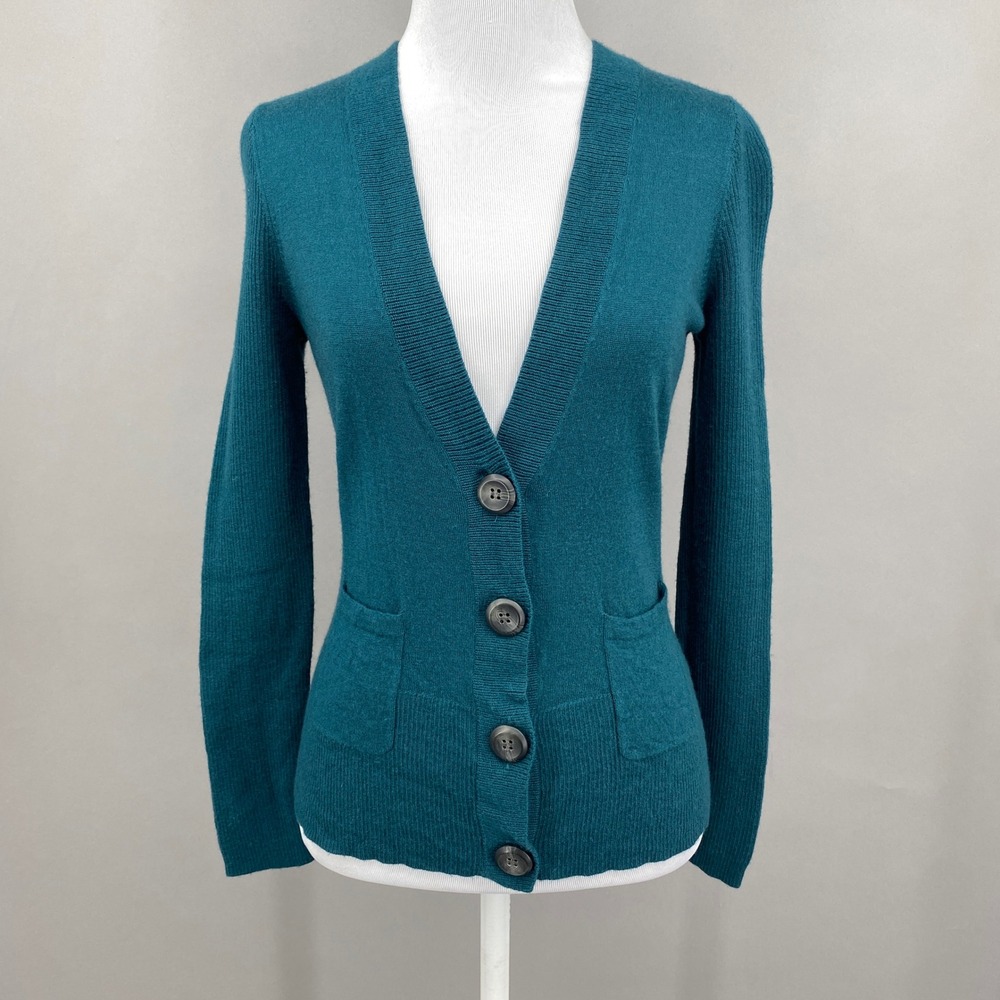 Halogen Cardigan Sweater Womens Medium Teal 100% Merino Wool V-Neck Button Front
